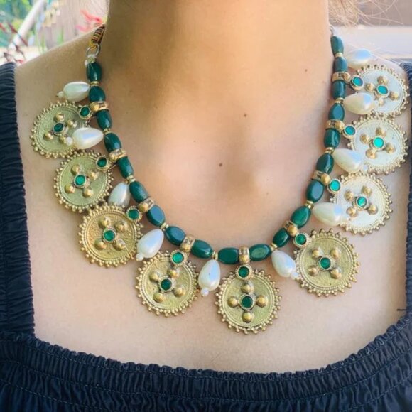 Pearls and Beads Jewelry Set, Handmade Coins Jewelry Set With Glass Stones, - Picture 9 of 12